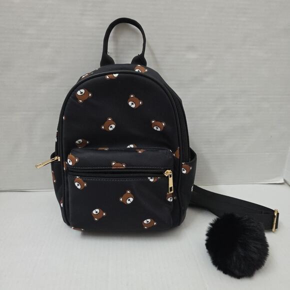 Like Dreams Black Mini Backpack Bears W Pom Accent Adjustable Straps Nylon NEW - Picture 1 of 8